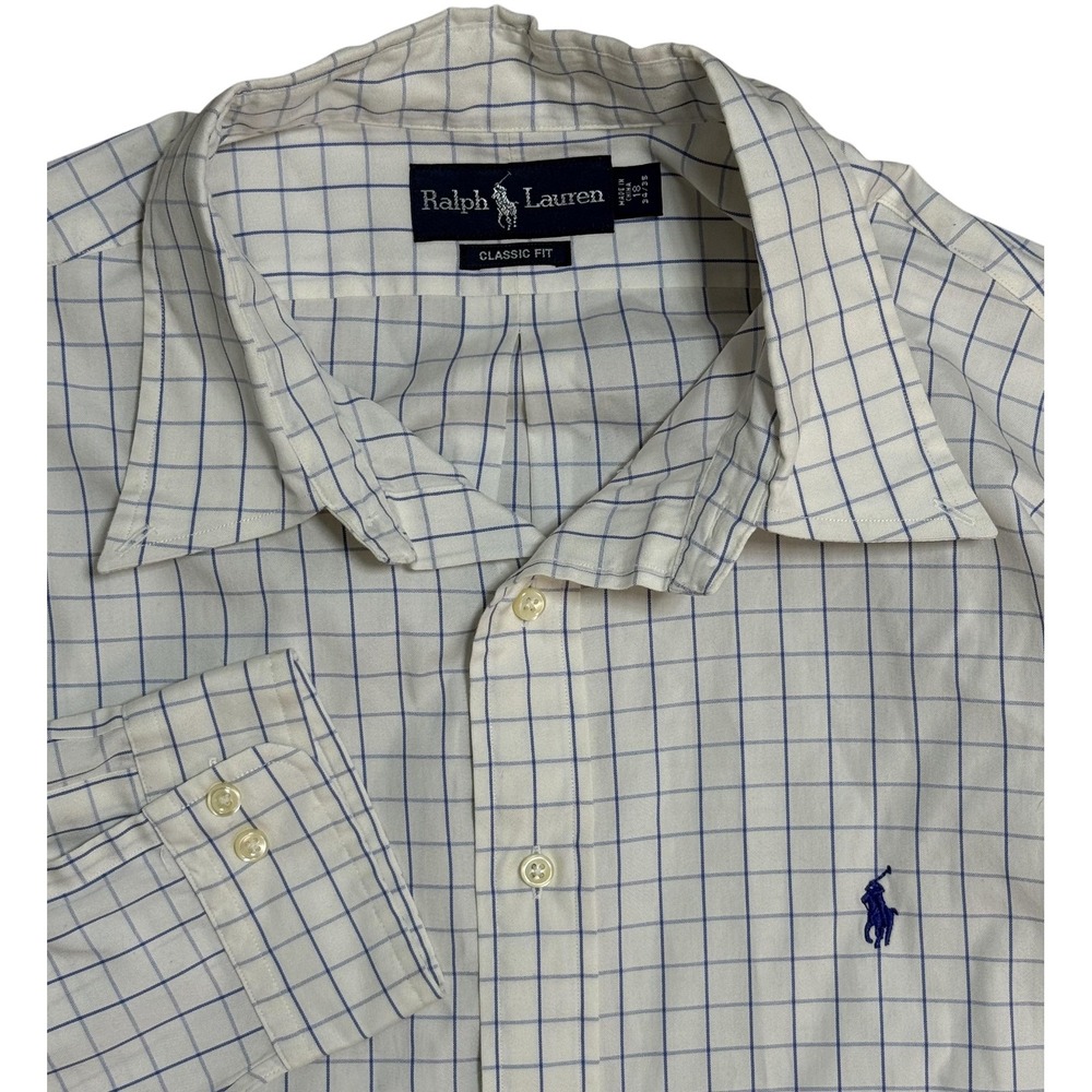 Ralph Lauren Dress Shirt Mens 18 34/35 White Blue Check Classic Fit Long‎ Sleeve